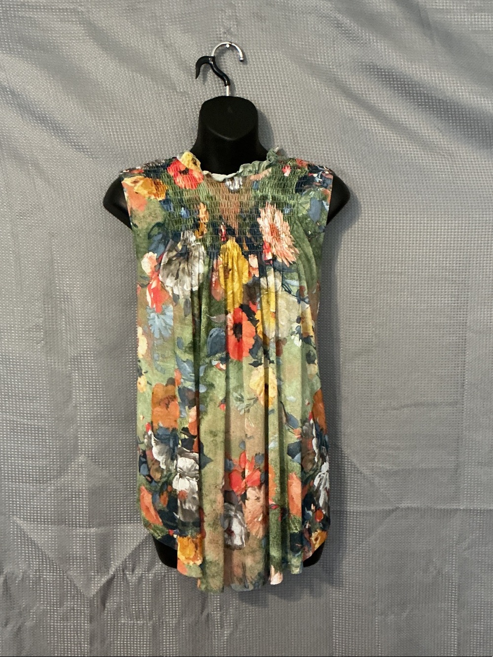 Anthropologie Green Floral Smocked Sleeveless Blouse